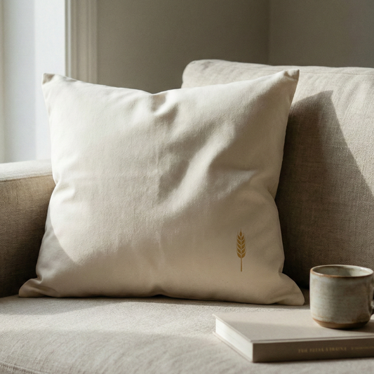 coussin en coton lavé fairtrade posé sur un canapé en lin dans une ambiance douce représentant les noces de froment