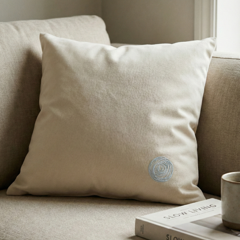 coussin en coton lavé fairtrade posé sur un canapé en lin dans une ambiance douce représentant les noces de laine