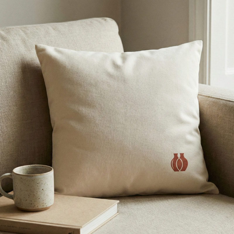 coussin en coton lavé fairtrade posé sur un canapé en lin dans une ambiance douce représentant les noces d'argile