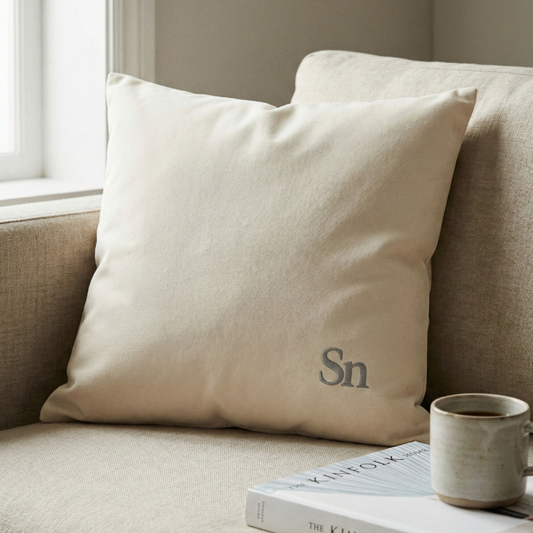 coussin en coton lavé fairtrade posé sur un canapé en lin dans une ambiance douce représentant les noces d'étain