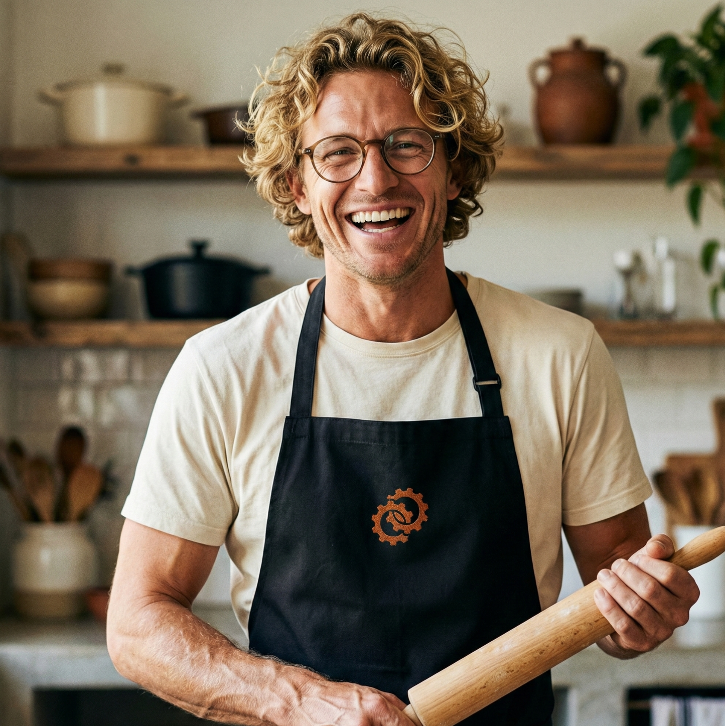 homme souriant dans une cuisine tenant un rouleau à patisserie et portant un tablier de cuisine célébrant les noces de bronze
