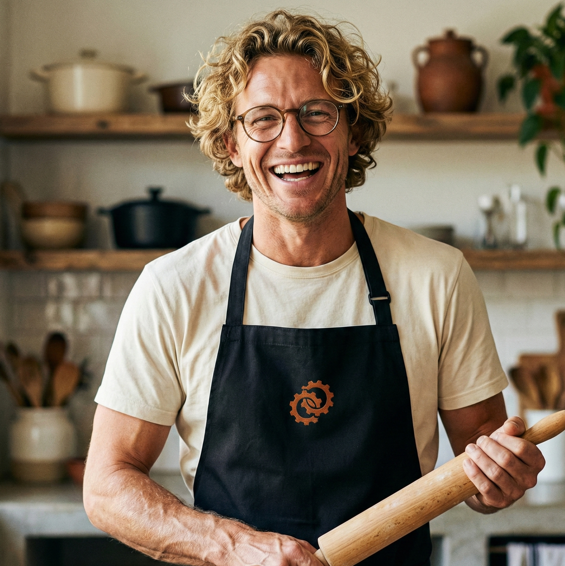 homme souriant dans une cuisine tenant un rouleau à patisserie et portant un tablier de cuisine célébrant les noces de bronze