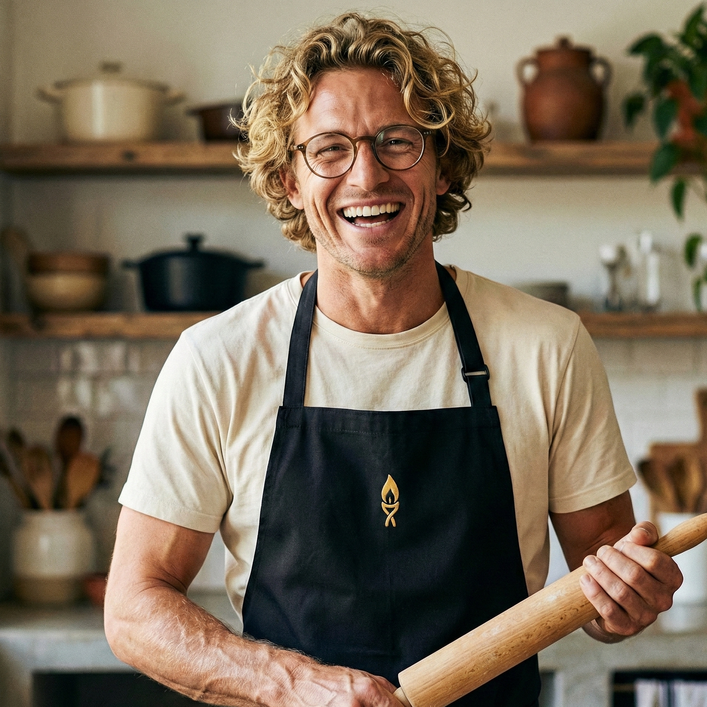 homme souriant dans une cuisine tenant un rouleau à patisserie et portant un tablier de cuisine célébrant les noces de cire