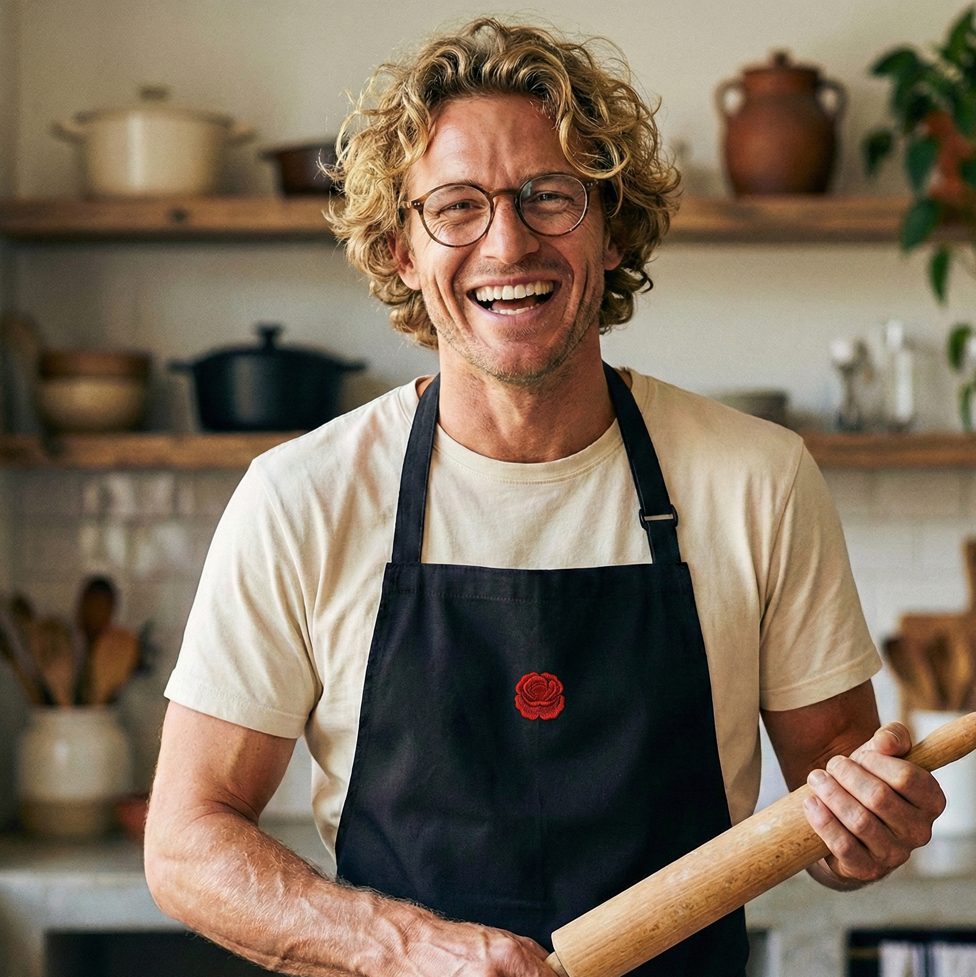 homme souriant dans une cuisine tenant un rouleau à patisserie et portant un tablier de cuisine célébrant les noces de coquelicot
