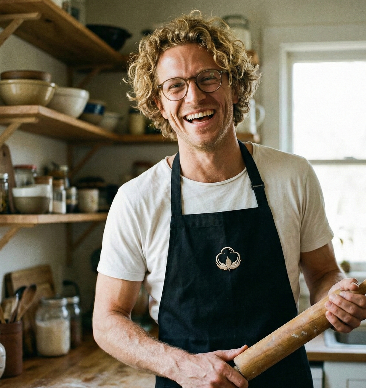 homme souriant dans une cuisine tenant un rouleau à patisserie et portant un tablier de cuisine célébrant les noces de coton