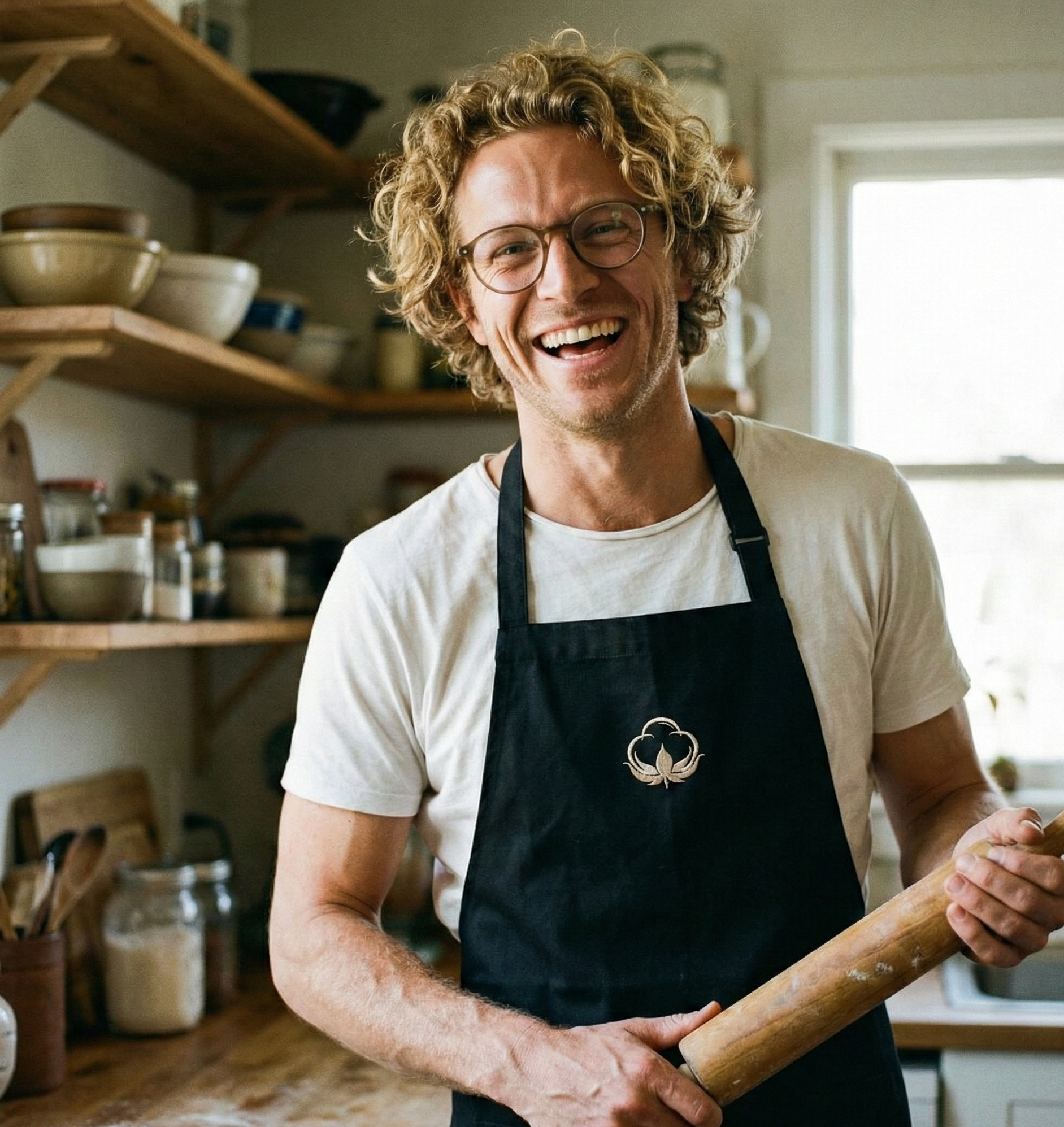 homme souriant dans une cuisine tenant un rouleau à patisserie et portant un tablier de cuisine célébrant les noces de coton