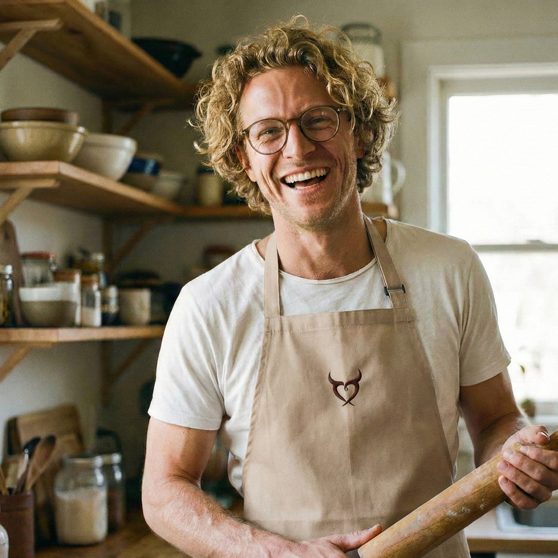 homme souriant dans une cuisine tenant un rouleau à patisserie et portant un tablier de cuisine célébrant les noces de cuir