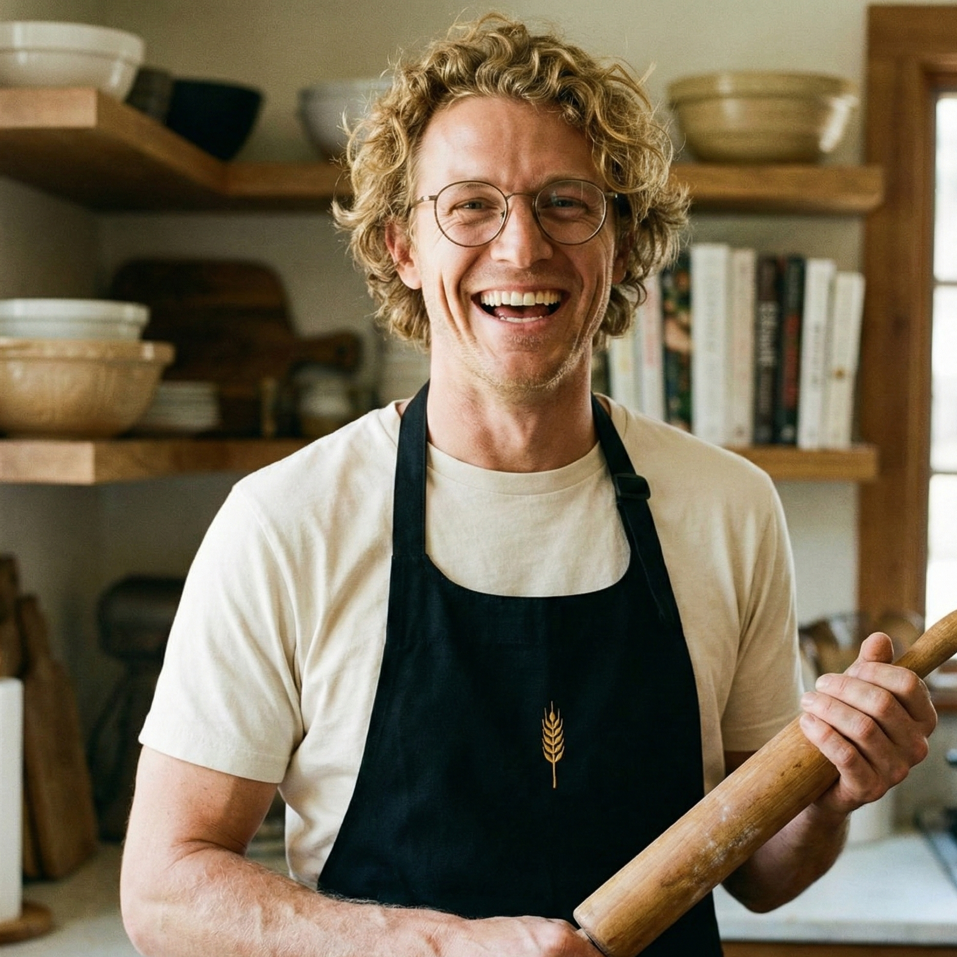 homme souriant dans une cuisine tenant un rouleau à patisserie et portant un tablier de cuisine célébrant les noces de froment