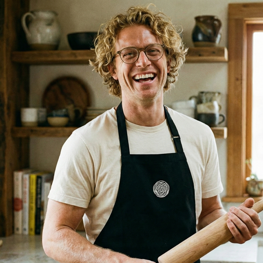 homme souriant dans une cuisine tenant un rouleau à patisserie et portant un tablier de cuisine célébrant les noces de laine