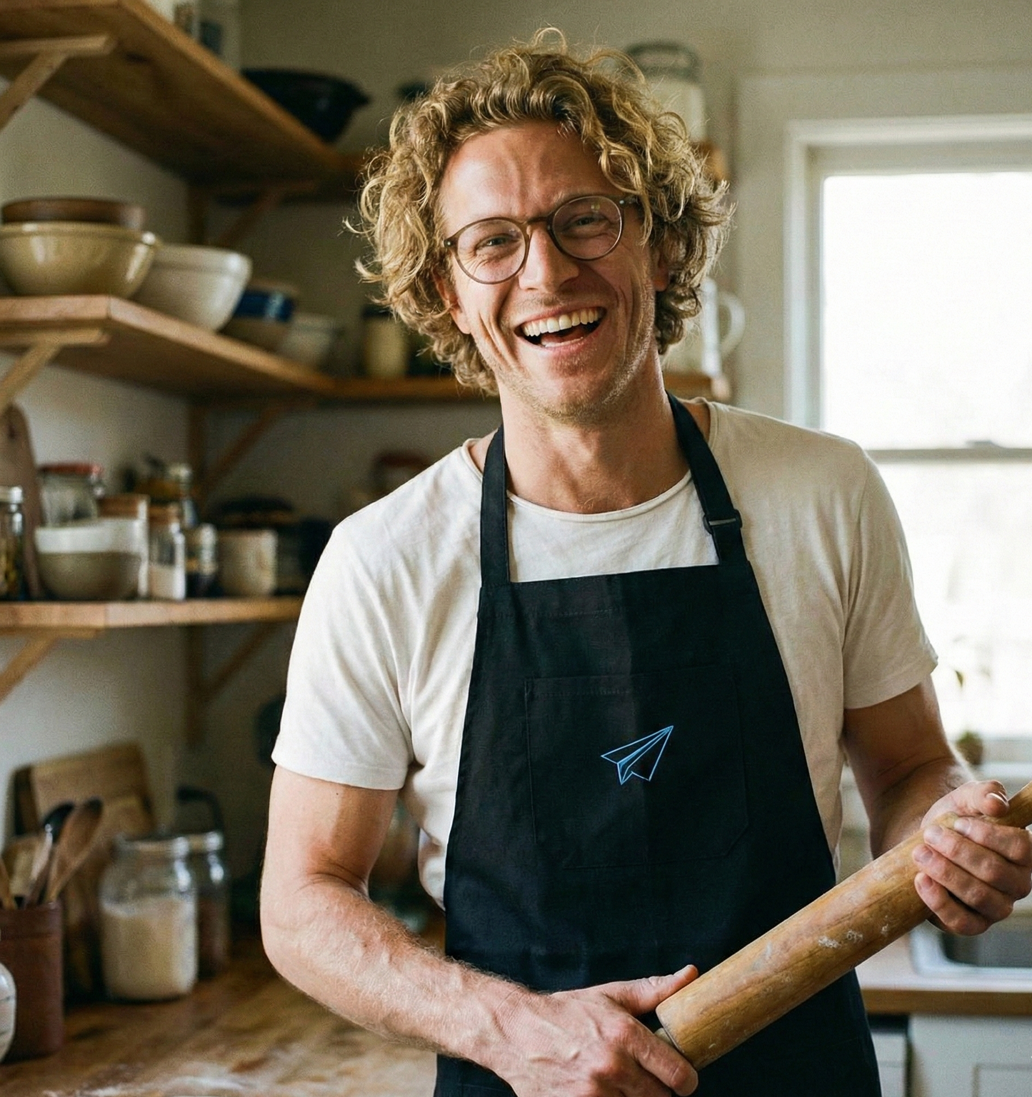 homme souriant dans une cuisine tenant un rouleau à patisserie et portant un tablier de cuisine célébrant les noces de papier
