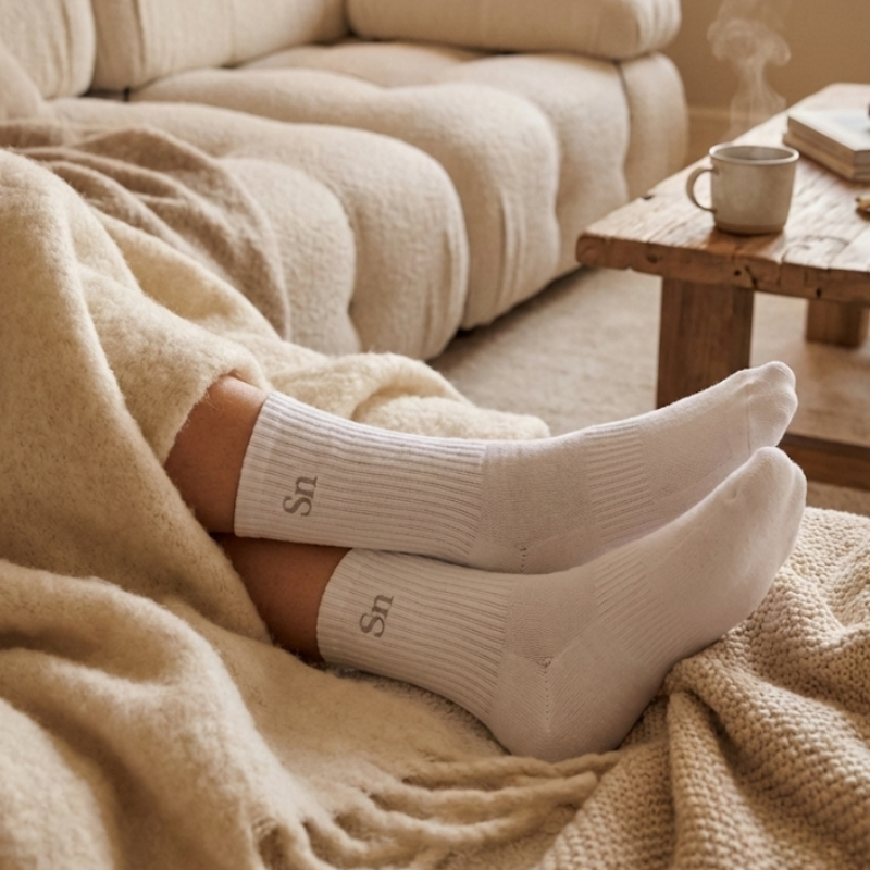 chaussettes en coton biologique dans un canapé douillet pour célébrer les noces d'étain