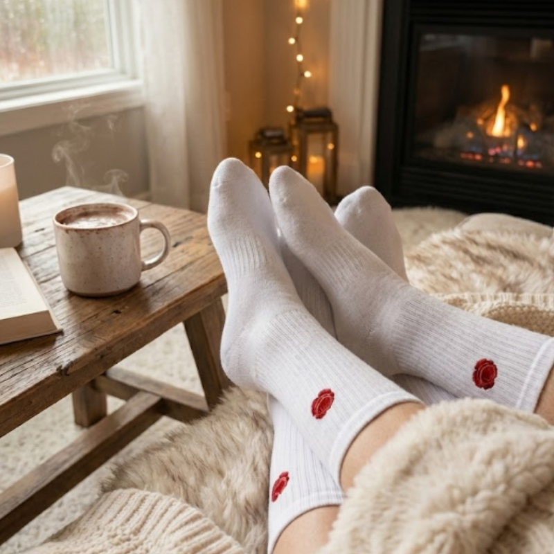 chaussettes en coton biologique dans un canapé douillet pour célébrer les noces de coquelicot
