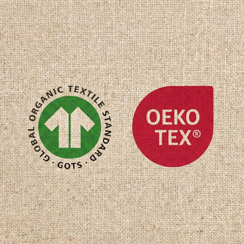 Les 2 logos GOTS et OKEO TEX sont représentant sur une matière lin