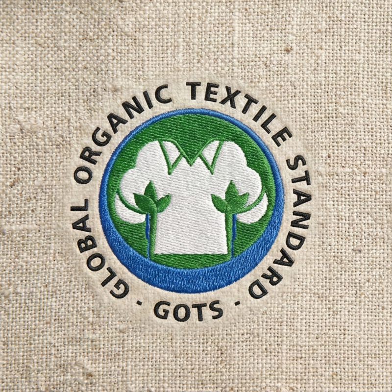 logo GOTS brodé sur un support en lin