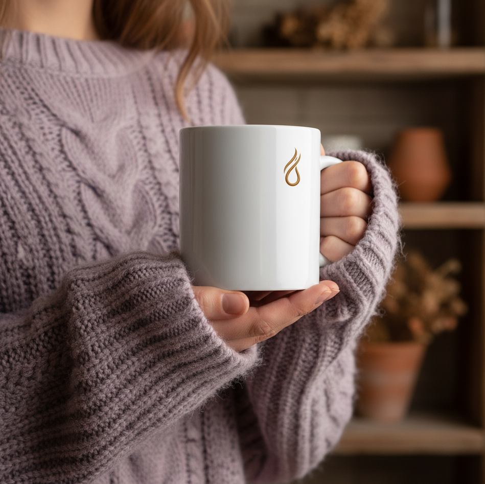 Mug blanc élégant avec logo, parfaitement tenu dans des mains confortables vêtues d'un pull en grosse maille. Une image idéale pour les recherches sur les cadeaux de "6 ans de mariage" ou des idées originales pour les "noces de chypre".