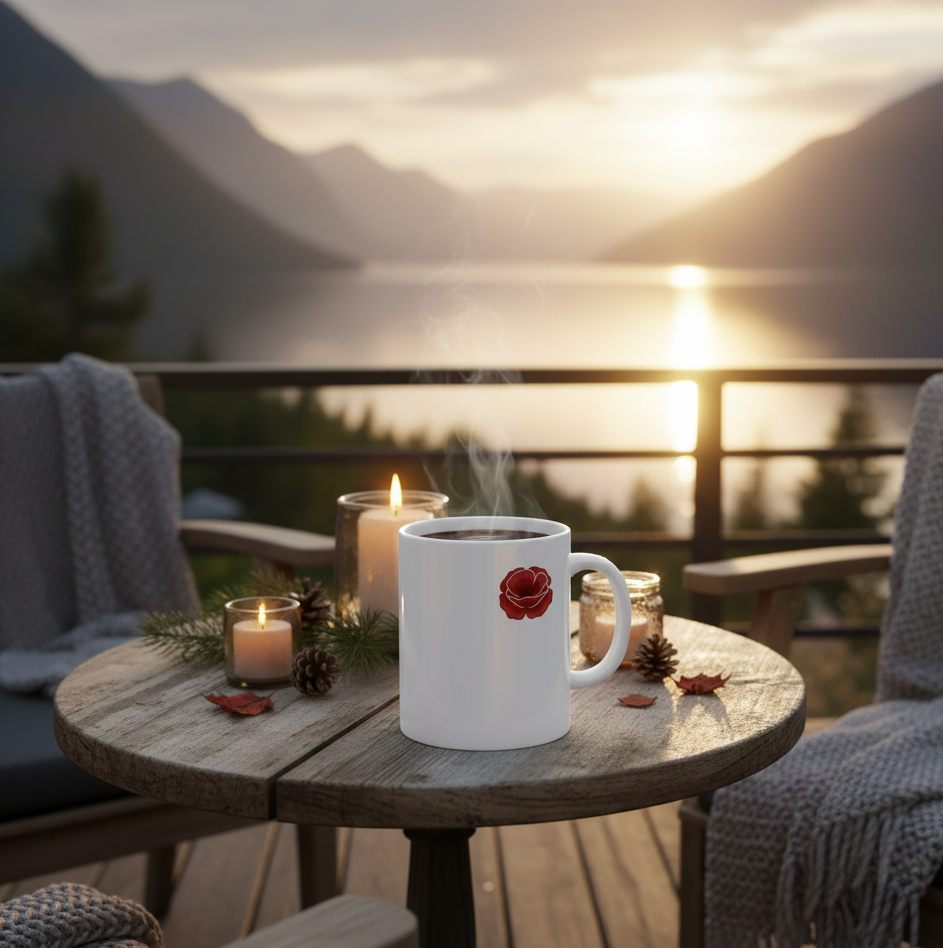 Un instant de sérénité pour vos noces de coquelicot. Ce mug ultra-réaliste, orné de notre magnifique rose, est la pièce maîtresse d'une scène chaleureuse et rustique, idéale pour commémorer 8 ans de mariage en France. Posé sur une petite table ronde en bois, sur la terrasse d'un bar norvégien surplombant un lac majestueux au soleil couchant, il invite à la contemplation. La lumière douce et l'ambiance cosy évoquent la tendresse et la passion des coquelicots, symboles d'un amour profond et durable.