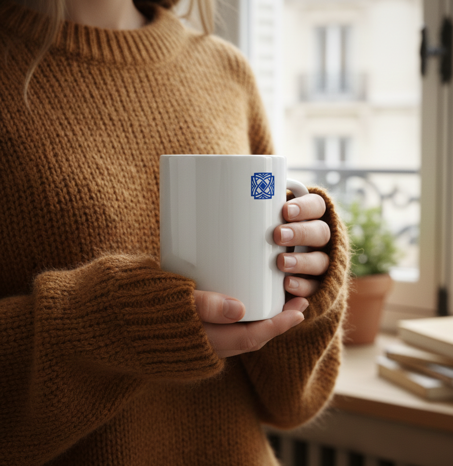 Tasse en céramique blanche avec un logo discret, tenue par une femme en pull de laine dans un appartement parisien, symbolisant le confort et la chaleur pour les 15 ans de mariage ou les noces de cristal.