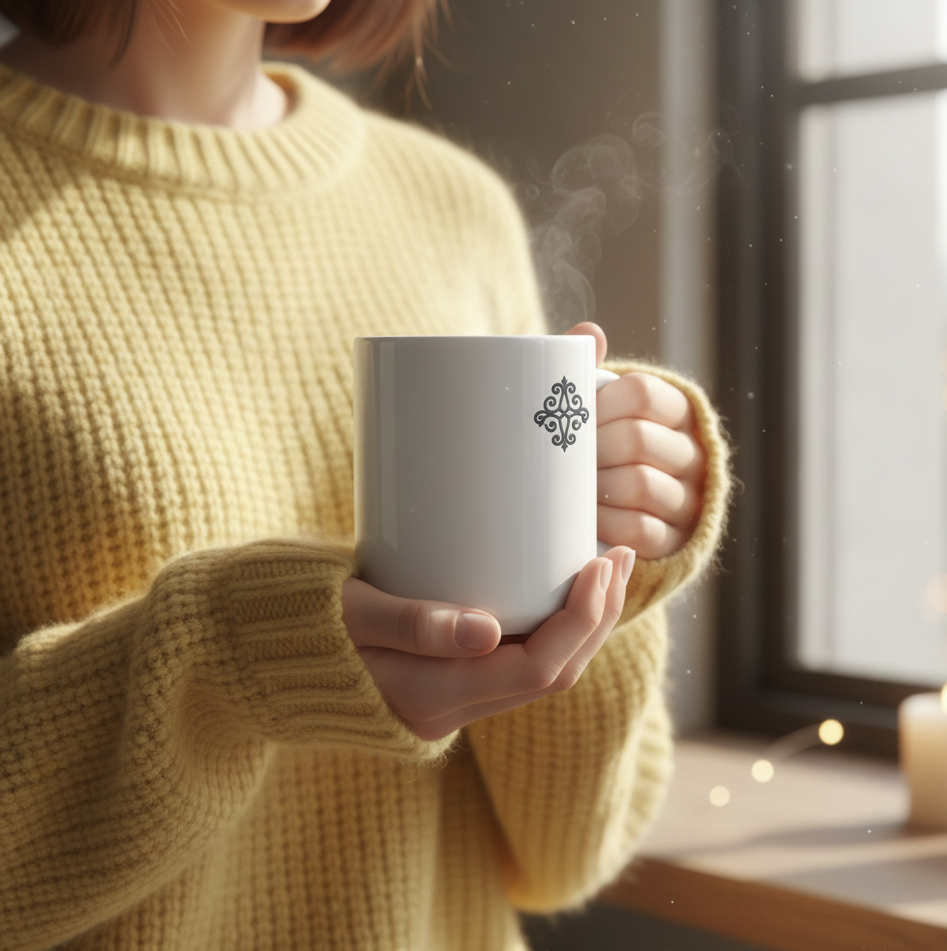 Mug en céramique blanc tenu chaleureusement entre deux mains pour un moment cocooning, parfait pour se remémorer ses noces de fer et célébrer 6 ans de mariage dans de nombreux pays d'Europe.