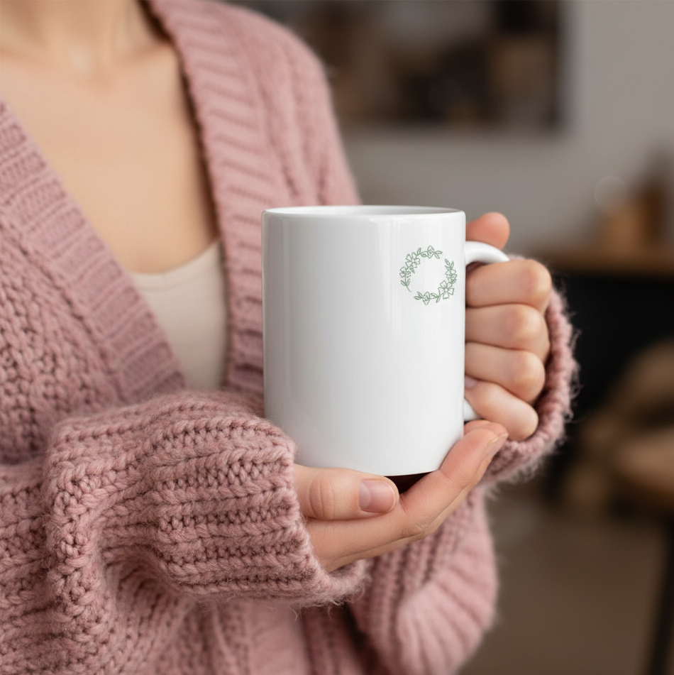 Tasse personnalisée pour couple, blanche avec motif 'noces de fleur' vert délicat, tenue dans les mains d'une femme portant un pull rose douillet. Idée cadeau romantique pour anniversaire de mariage