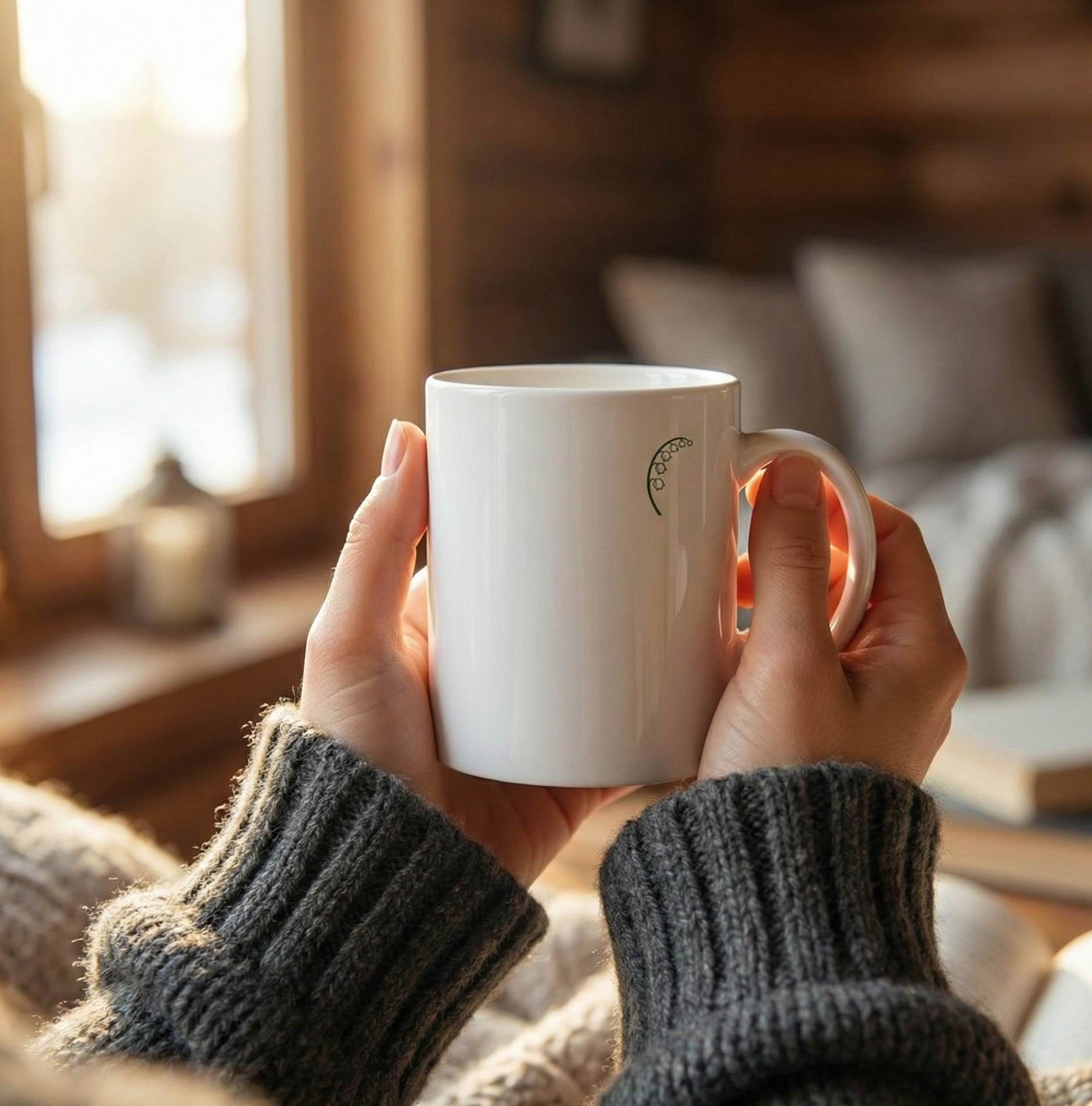 Photo ultra réaliste d'un mug blanc avec un motif de muguet fidèle à l'original, tenu par les mains d'une femme vêtue d'un pull gris à grosses mailles, dans une ambiance cocooning avec une lumière traversante. Un cadeau parfait pour des noces de muguet, célébrant 13 ans de mariage en France avec chaleur et tendresse.