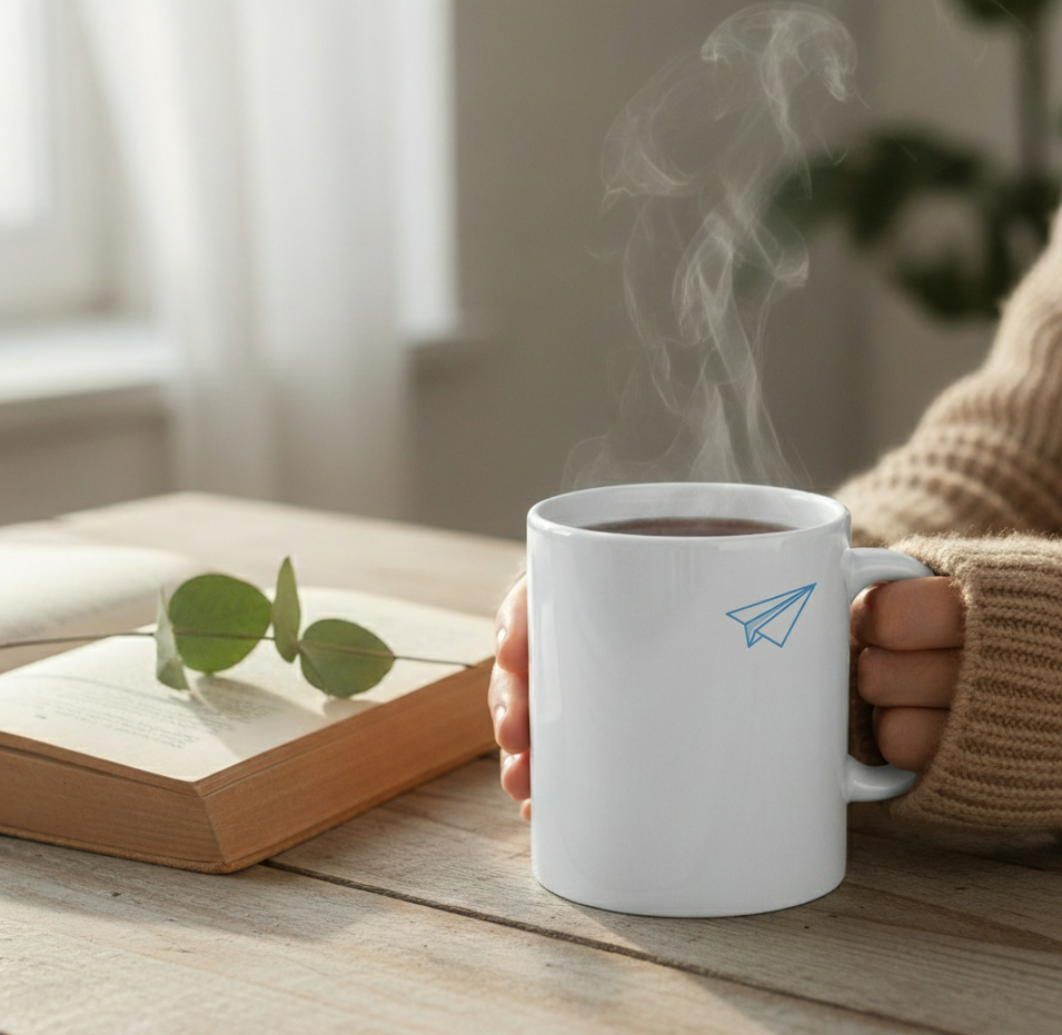 Mug blanc élégant avec motif avion en papier discret, idéal comme idée cadeau originale pour les noces de papier, un anniversaire de mariage ou pour un couple voyageur. Parfait pour une ambiance cosy et détendue, symbolisant les débuts et l'envol du mariage. Recherche idée cadeau mariage, mug original noces de papier, cadeau couple voyageur, tasse chic mariage.