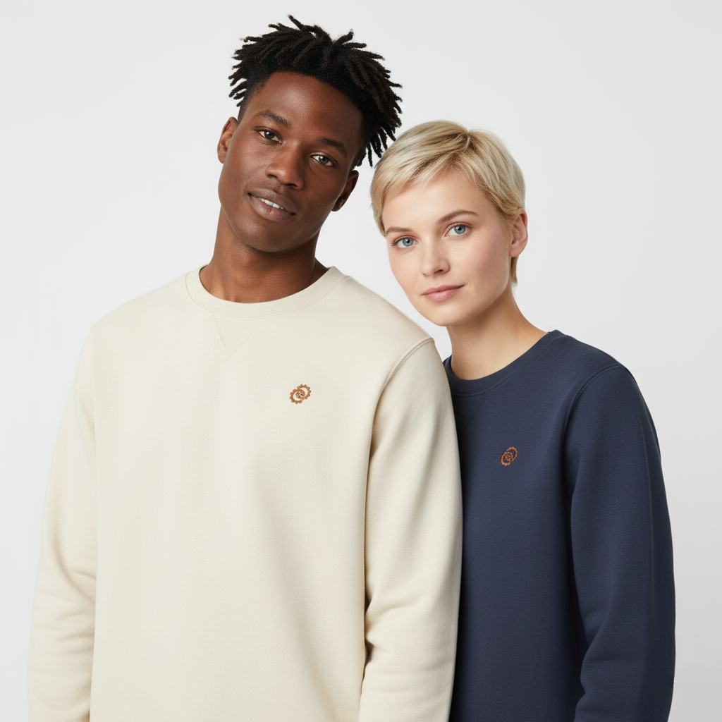 un homme et une femme portent un sweatshirt unisexe floqué avec un logo représentant les noces de bronze