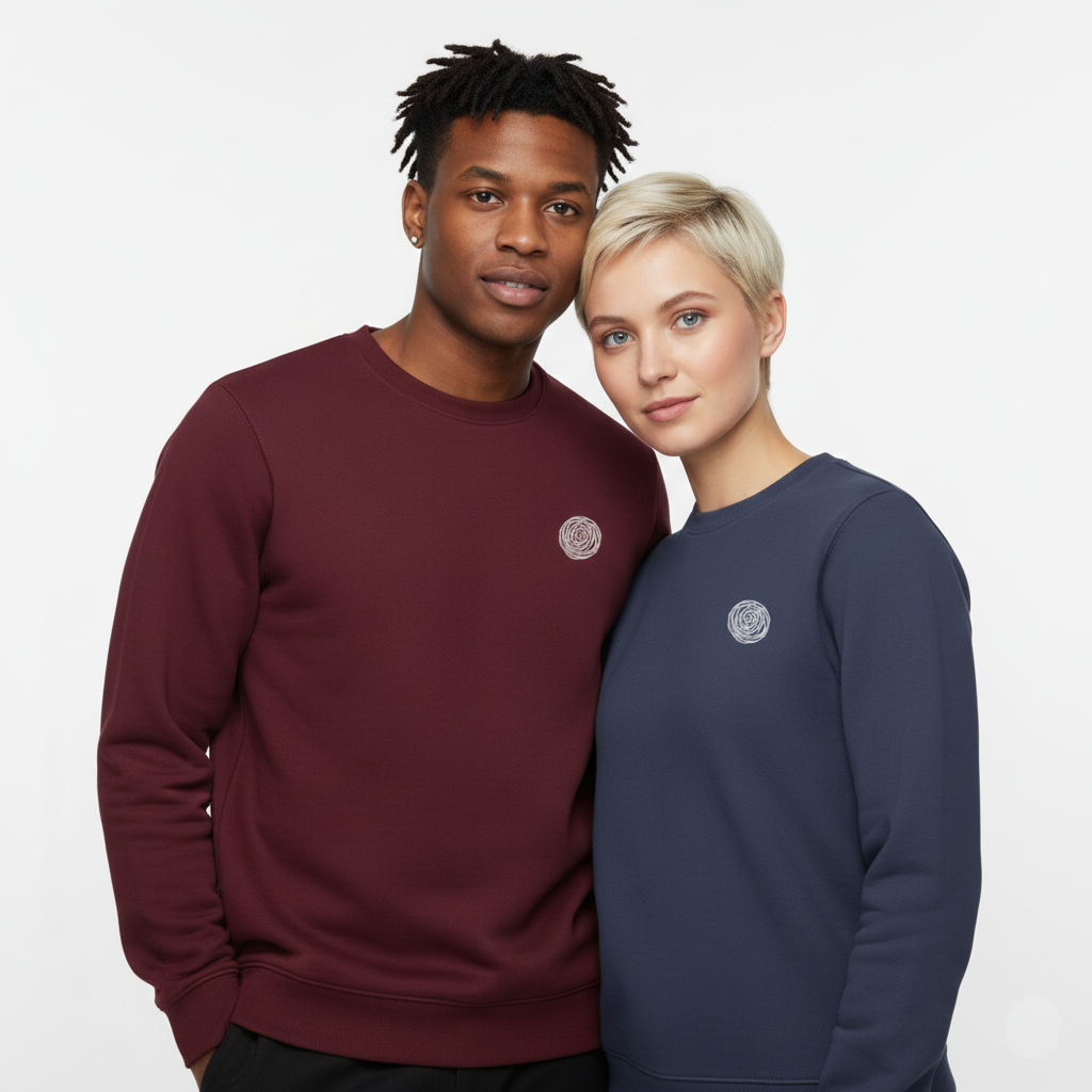 un homme et une femme portent un sweatshirt unisexe floqué avec un logo représentant les noces de laine