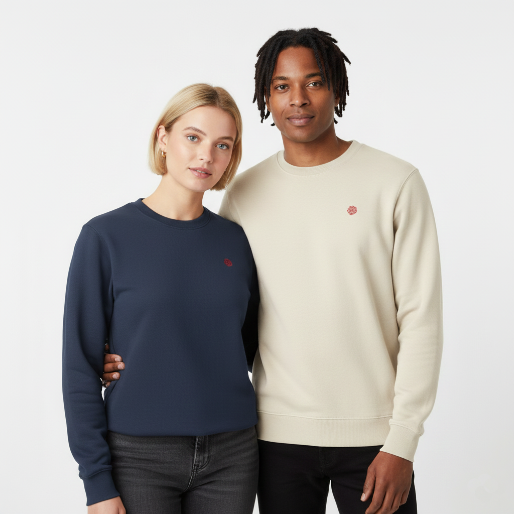 un homme et une femme portent un sweatshirt unisexe floqué avec un logo représentant les noces de rose